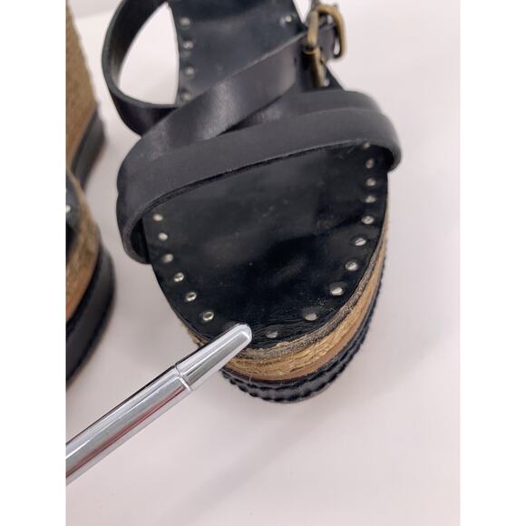 Miu Miu Black Leather Strappy Platform Wedge Sandal Espadrille Studs Size 39.5 - Picture 14 of 16